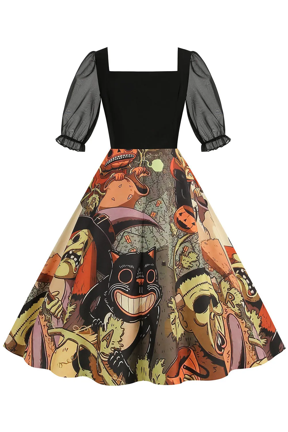 Black A Line Halloween Printed Vintage Dress