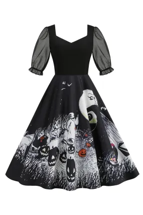 Black A Line Halloween Printed Vintage Dress