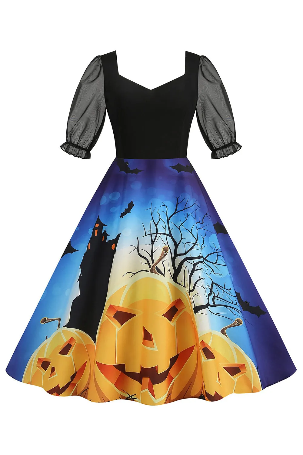 Black A Line Halloween Printed Vintage Dress