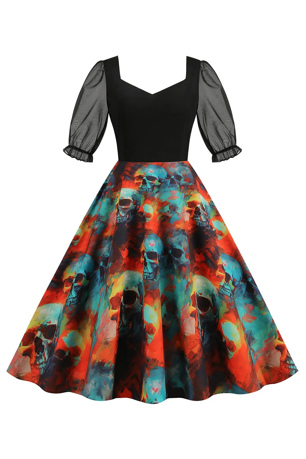 Black A Line Halloween Printed Vintage Dress