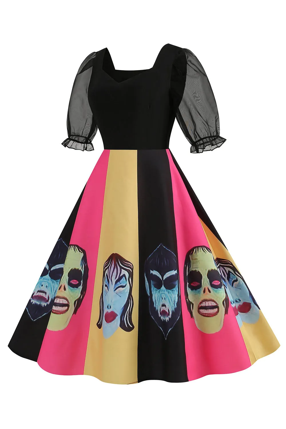 Black A Line Halloween Printed Vintage Dress