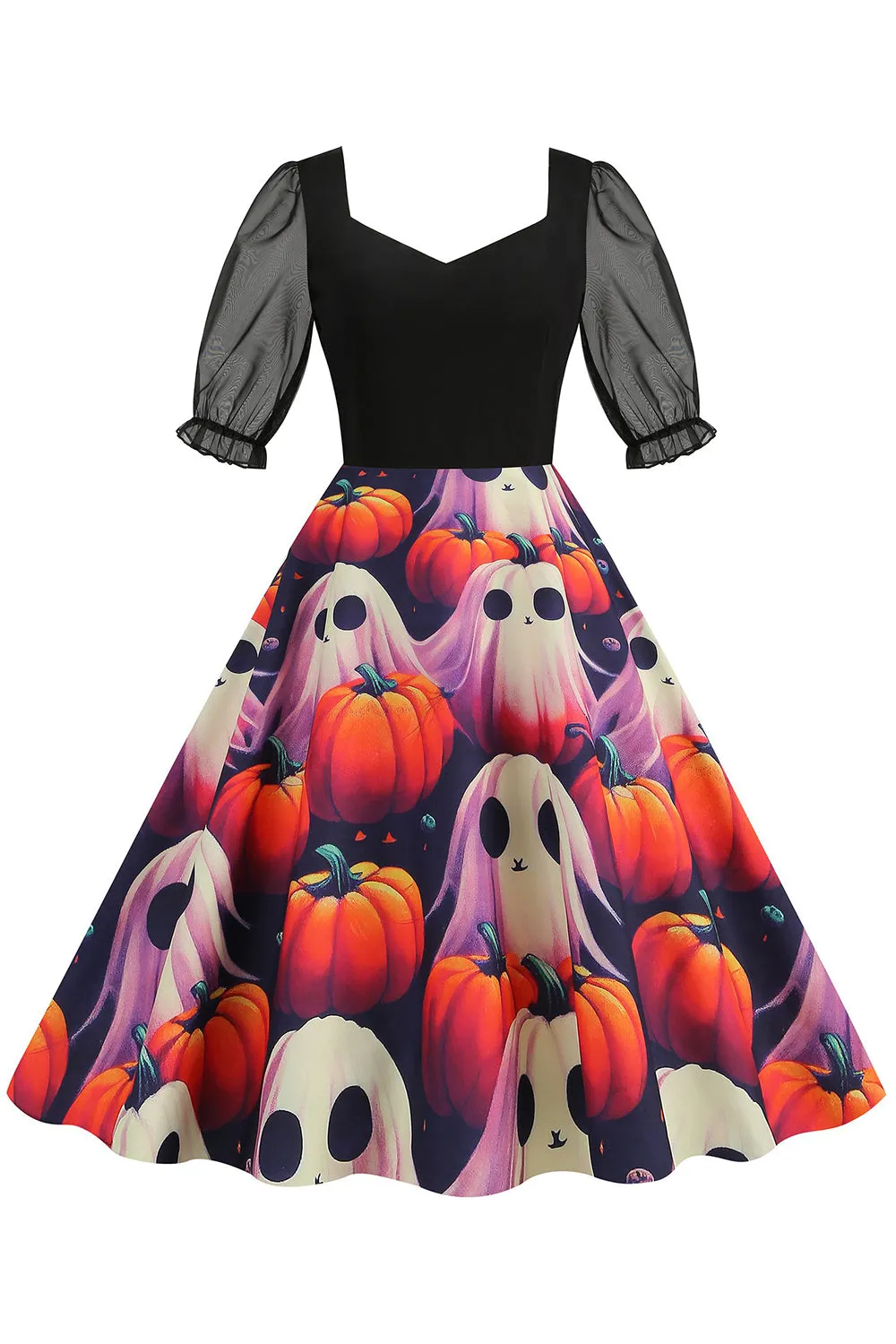 Black A Line Halloween Printed Vintage Dress