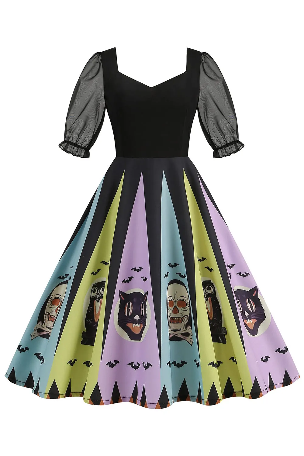 Black A Line Halloween Printed Vintage Dress