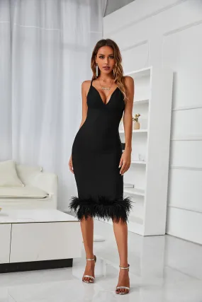 Black Bodycon Midi Dress with Feathers