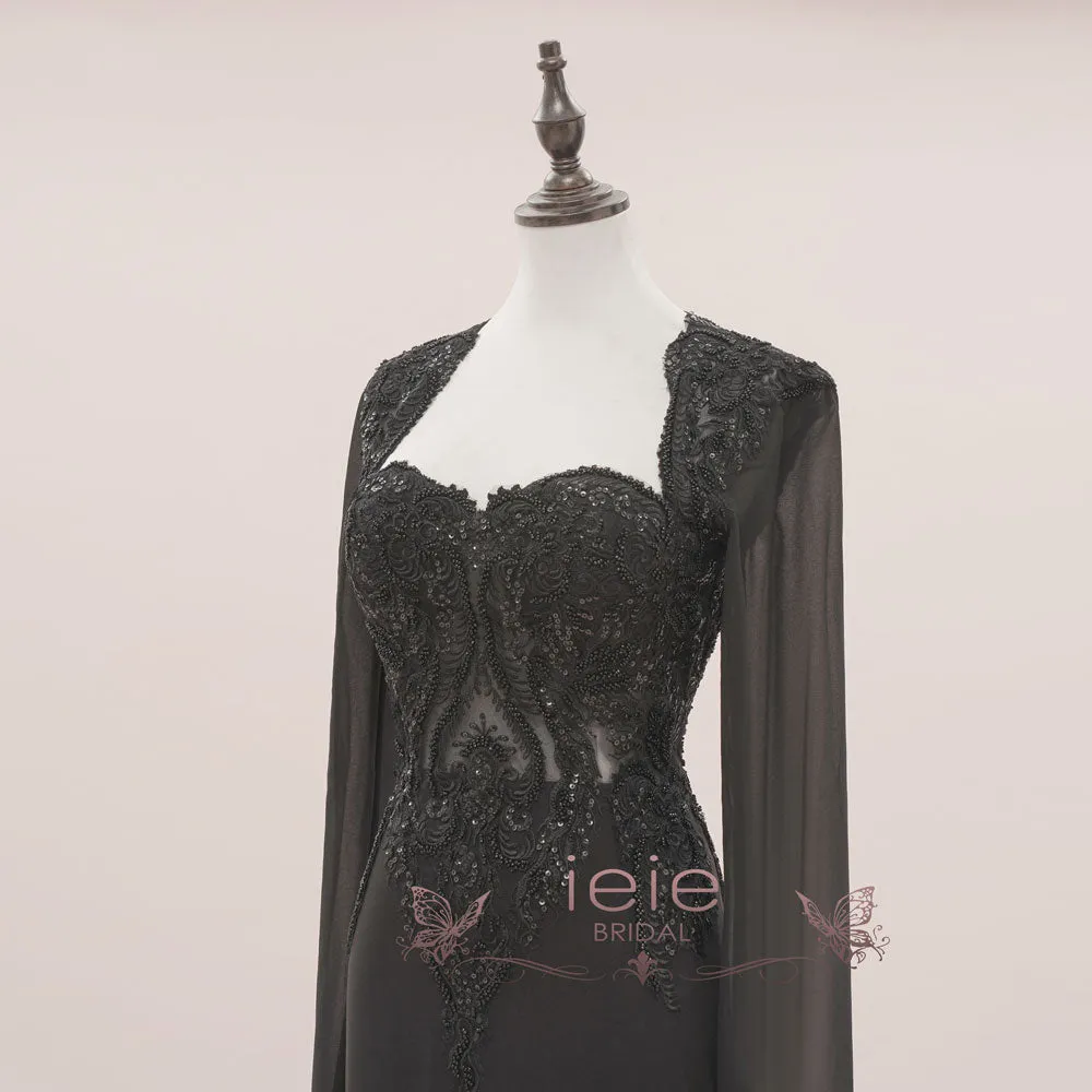 Black Gothic Halloween Lace Wedding Dress with Chiffon sleeves | ISODIE