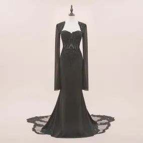 Black Gothic Halloween Lace Wedding Dress with Chiffon sleeves | ISODIE