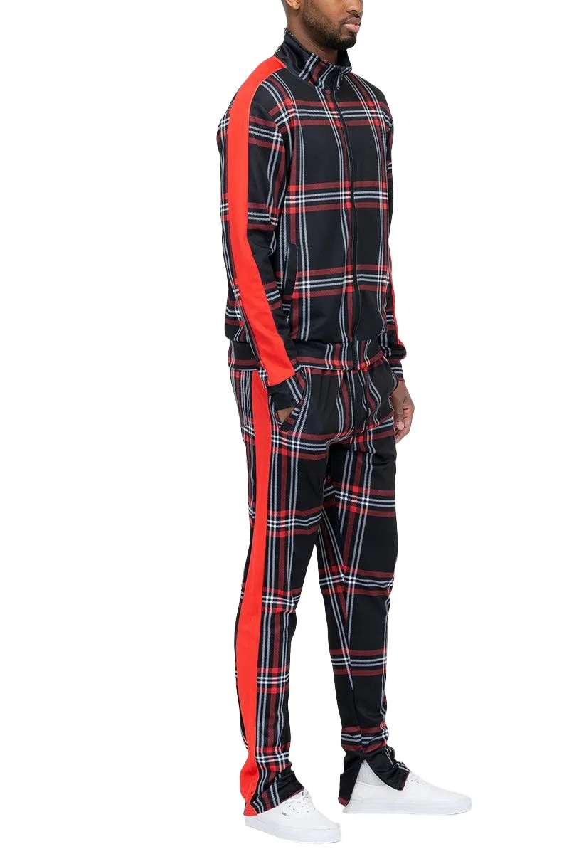 Black Red Plaid Track Jacket and Pant Set Mens