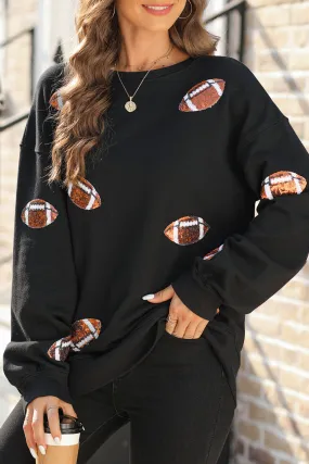 Black Sequin Rugby Football Graphic Pullover Sweatshirt