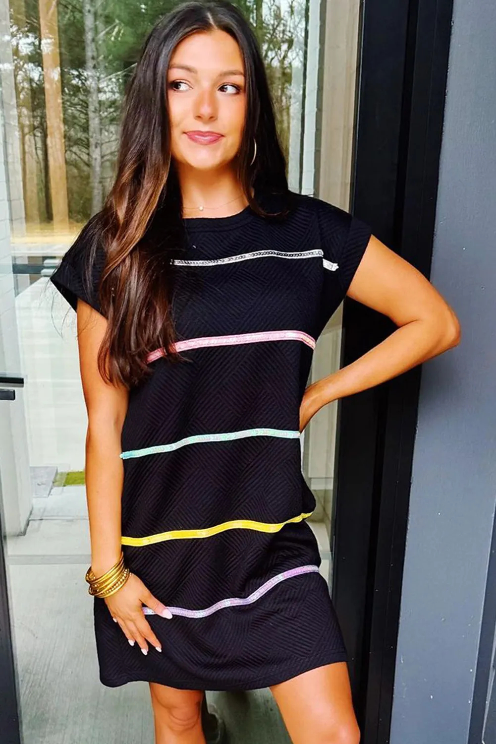 Black Sequin Striped Cap Sleeve Textured Mini Dress