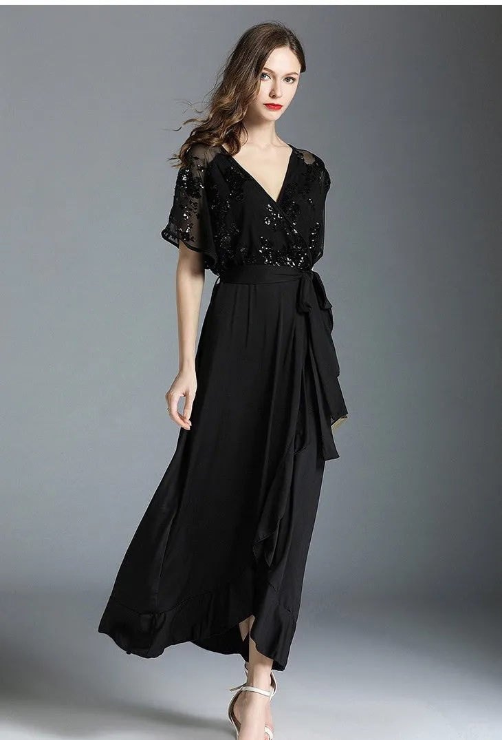 Black Sequin Tulip Hem Dress