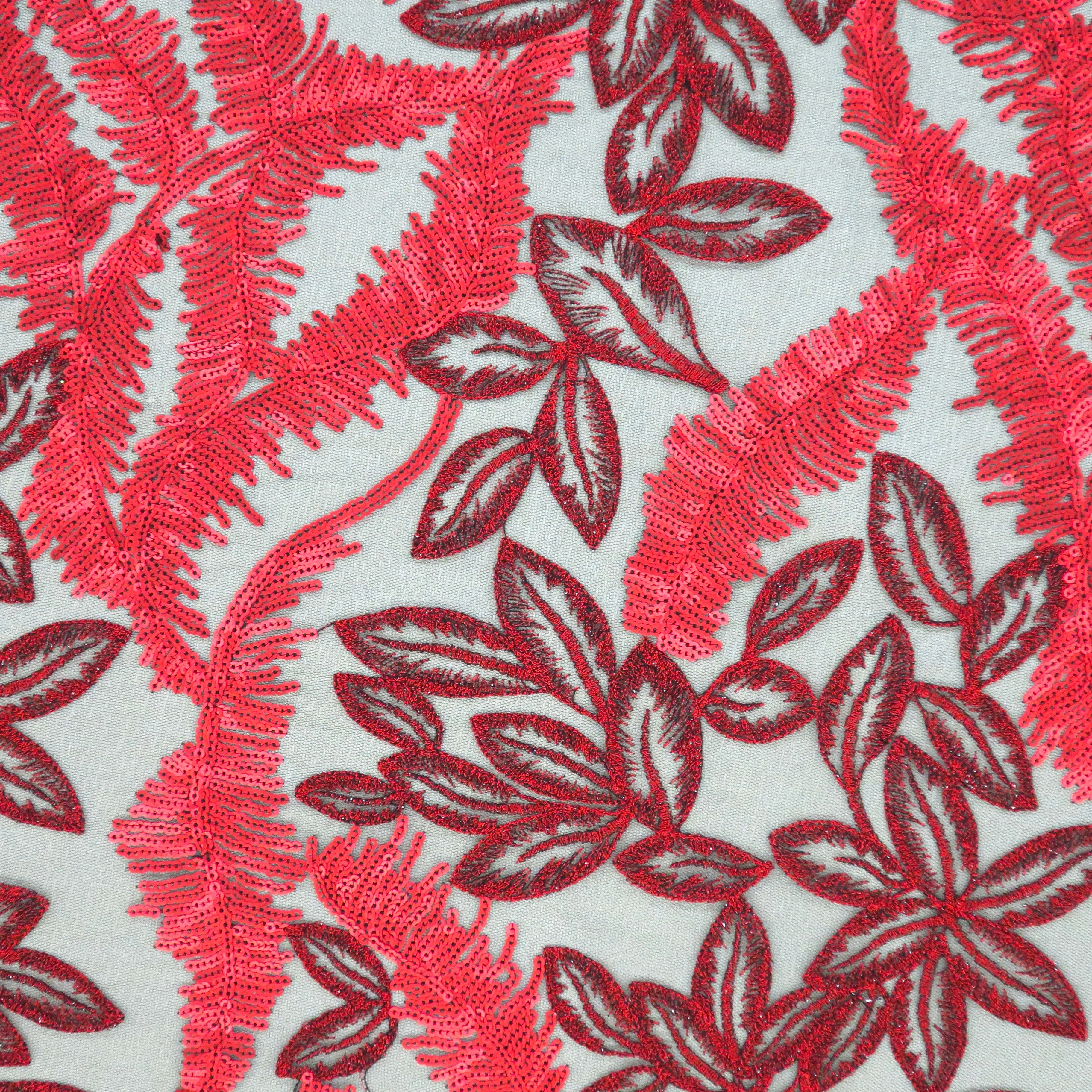 Black Tulle with Red Sequin Leaves Design Embroidered Fabric