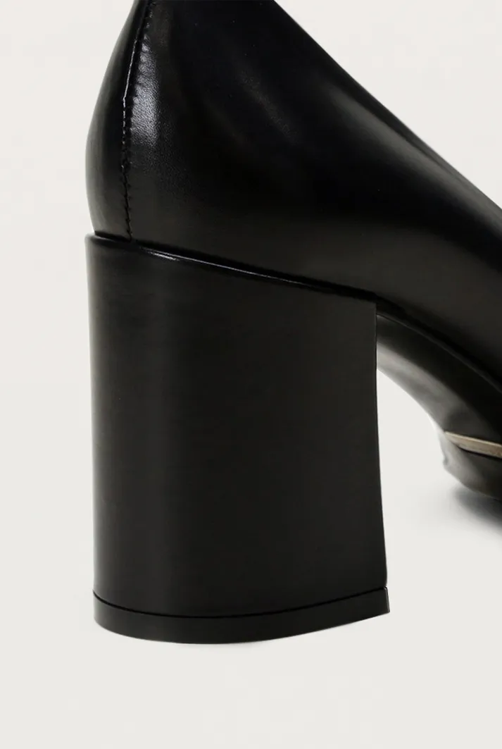 Block Heel Black Leather Pumps