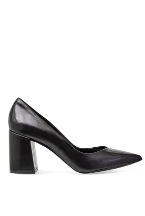 Block Heel Black Leather Pumps