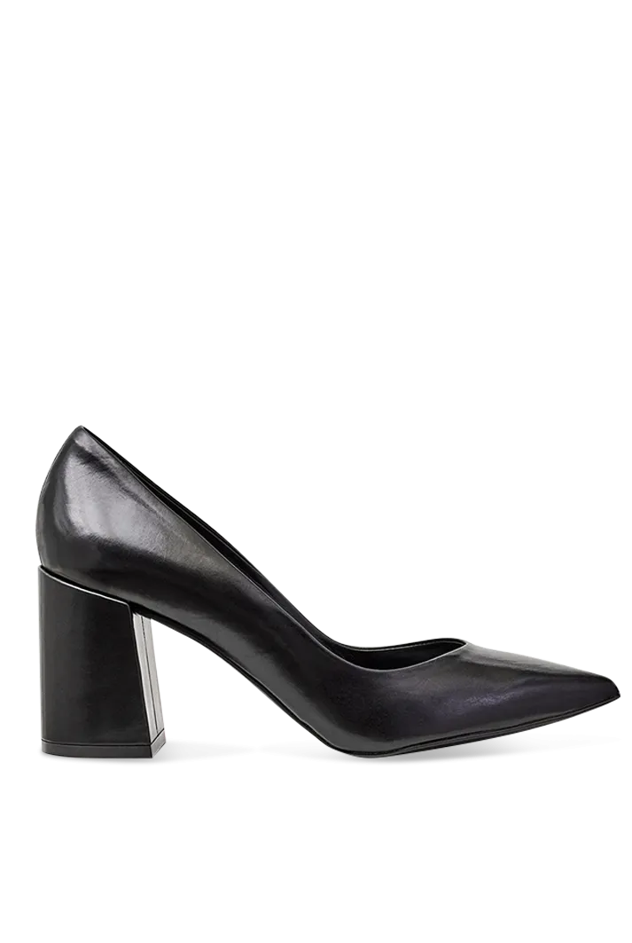 Block Heel Black Leather Pumps