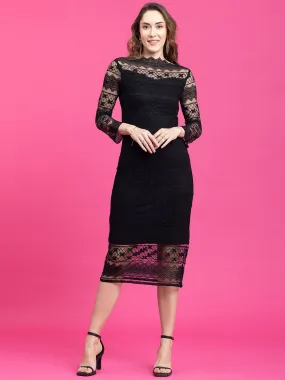 Boat Neck Lace Shift Dress - Black