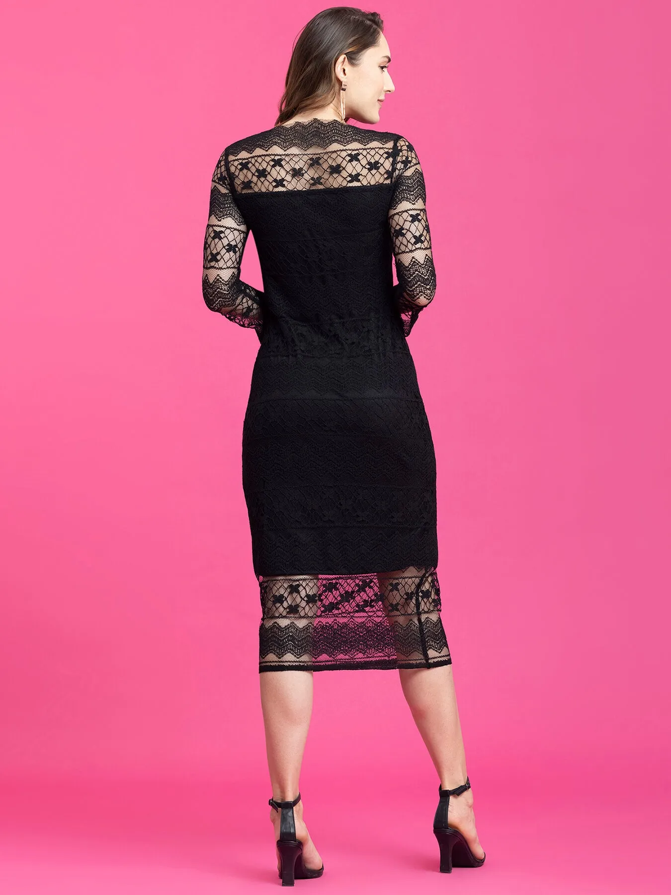 Boat Neck Lace Shift Dress - Black