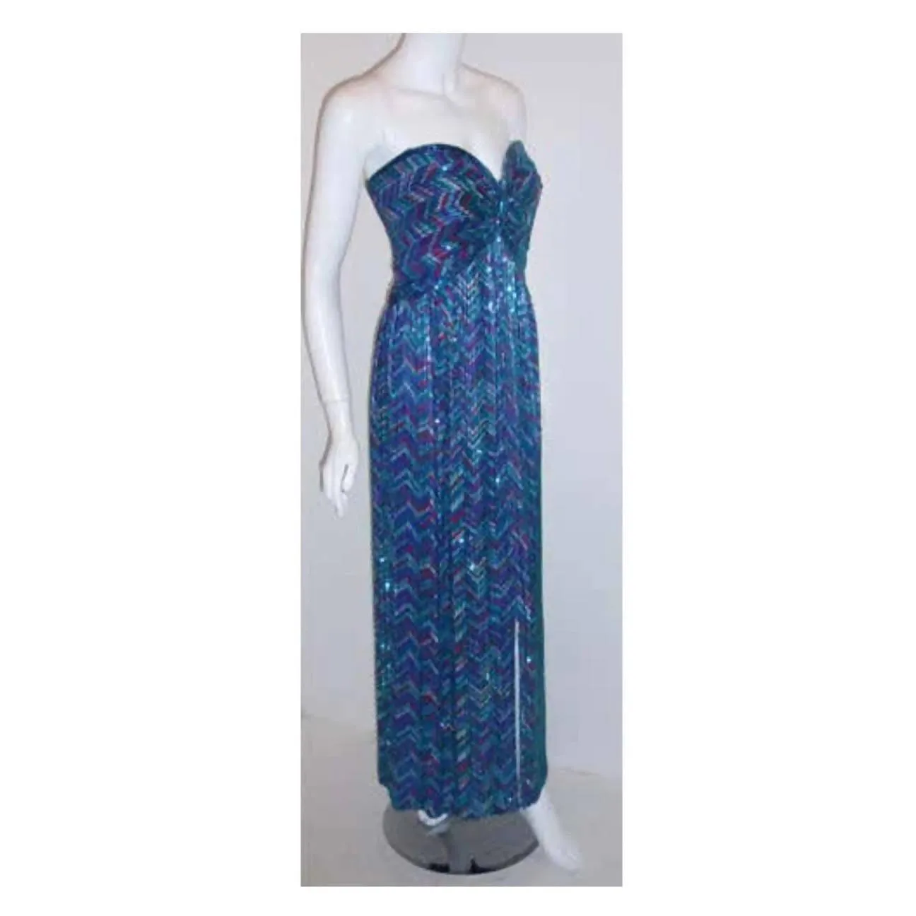 BOB MACKIE 1980's Blue Strapless Beaded Gown | Size S