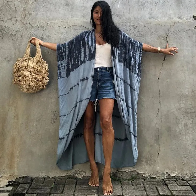 Bohemian Long Kimono, Beach Cover Ups Kimono, Tie Dye Kimono, Swimsuit Cape Summer Dress, Beachwear Cover Up Dress