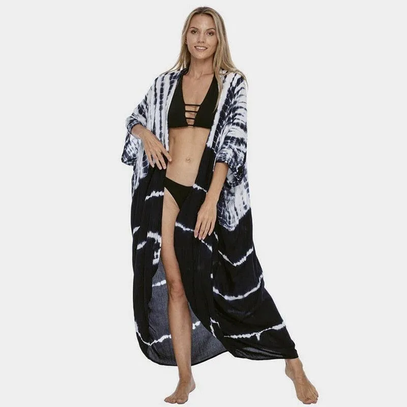 Bohemian Long Kimono, Beach Cover Ups Kimono, Tie Dye Kimono, Swimsuit Cape Summer Dress, Beachwear Cover Up Dress