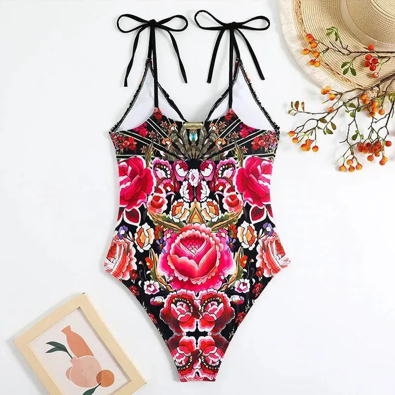 Bold Floral Womens Backless Bathing Suit