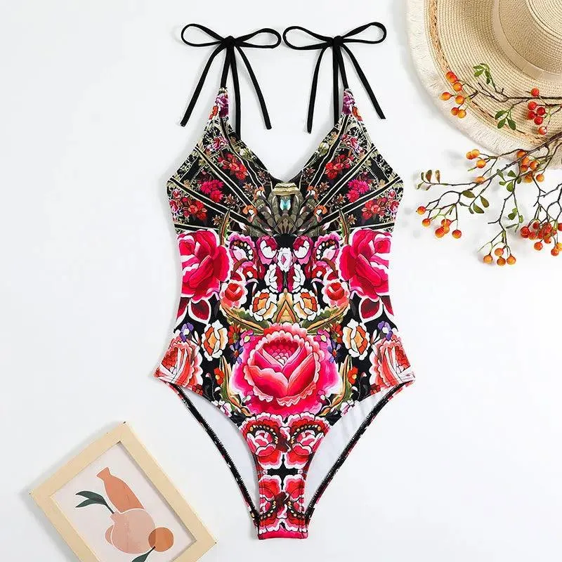 Bold Floral Womens Backless Bathing Suit