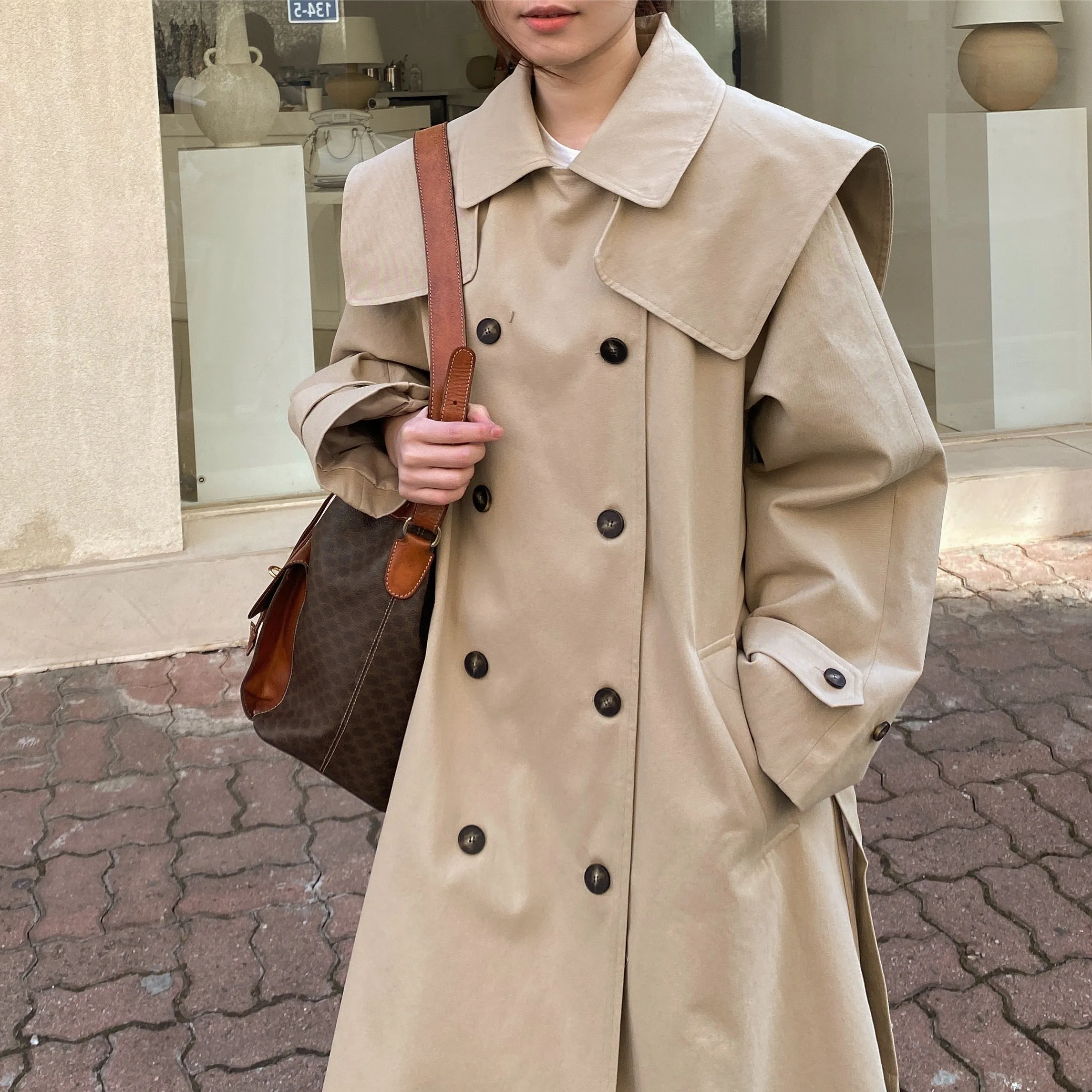 BRIANA Drapey Trench Coat with Detachable Double-Breasted Collar