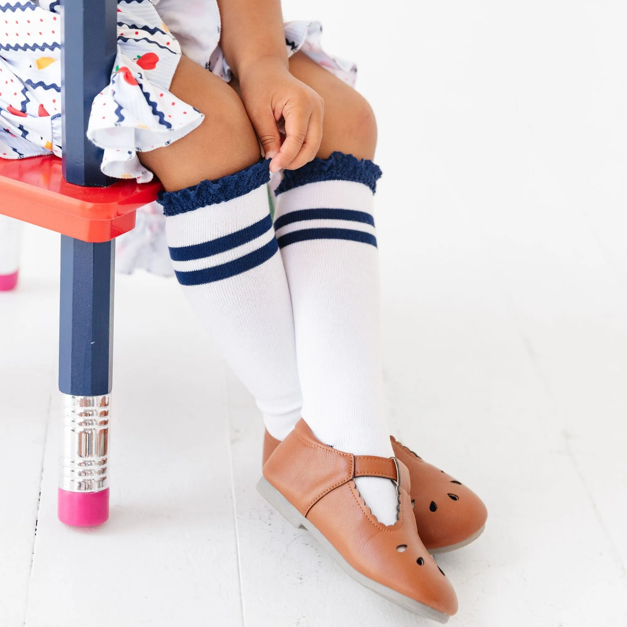 Bright Navy Striped Lace Top Knee High Socks