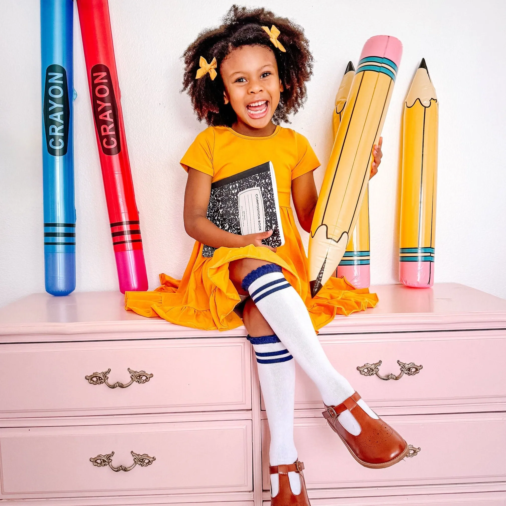 Bright Navy Striped Lace Top Knee High Socks