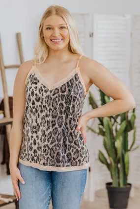 Bring On The Fun Leopard Sequin Tank Top in Peach