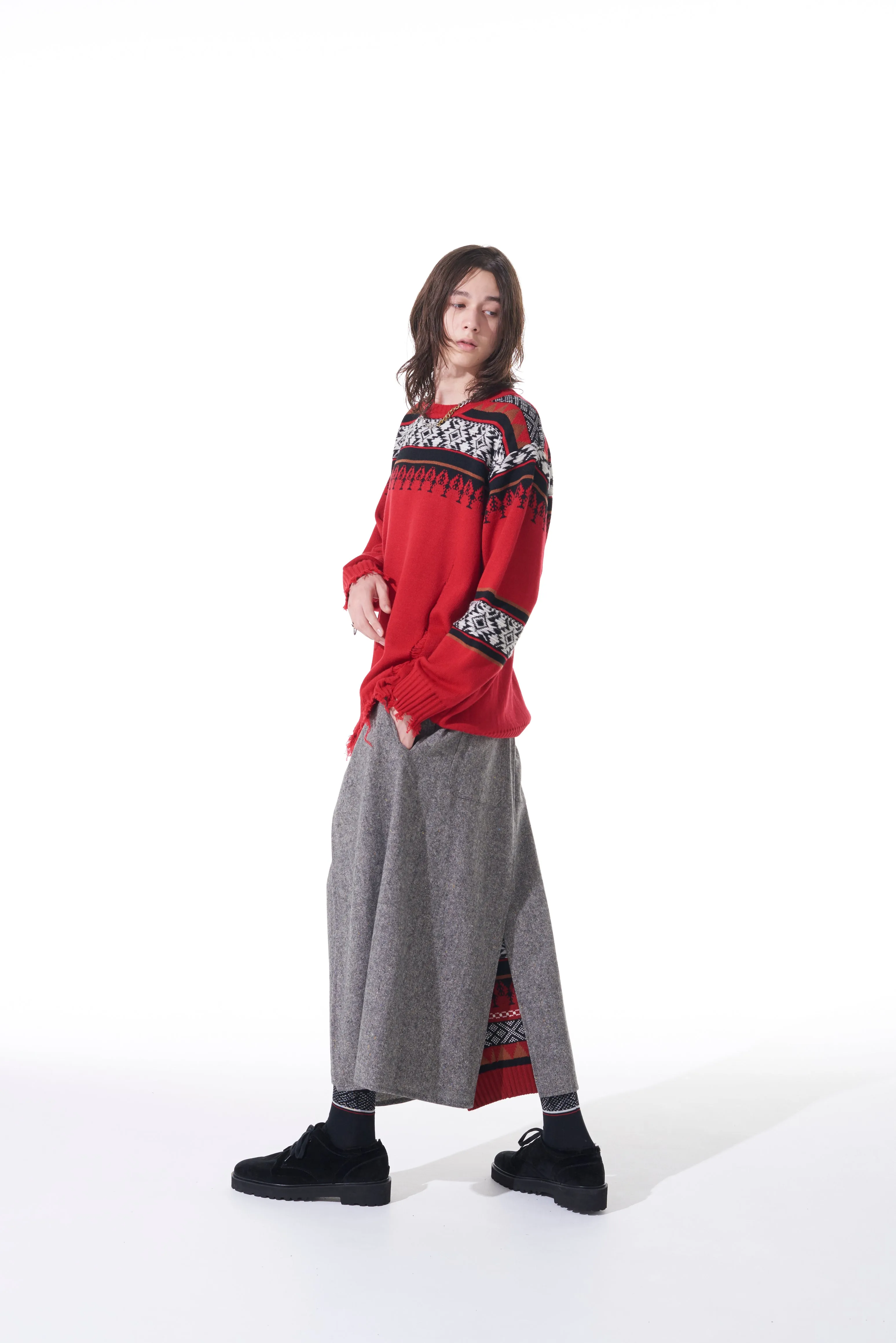 BULKY WOOL NORDIC PATTERN DAMAGED ROUND NECK KNIT