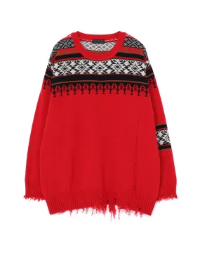 BULKY WOOL NORDIC PATTERN DAMAGED ROUND NECK KNIT