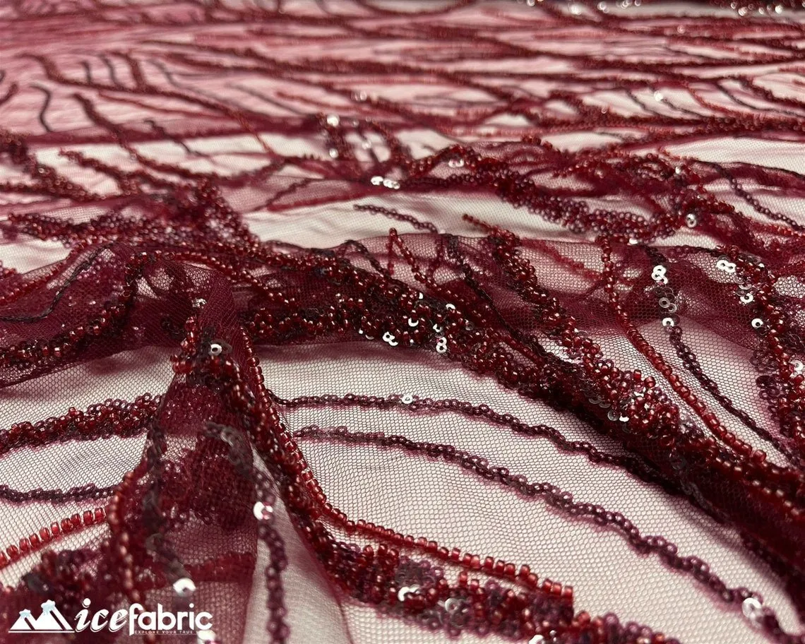 Burgundy Handmade Beaded Fabric / Lace Fabric With Sequin