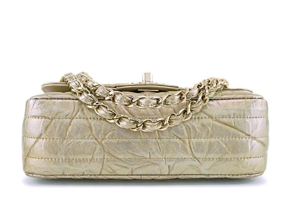 Chanel 18S Gold Crumpled Calf Patent Chevron Rectangular Mini Classic Flap Bag GHW