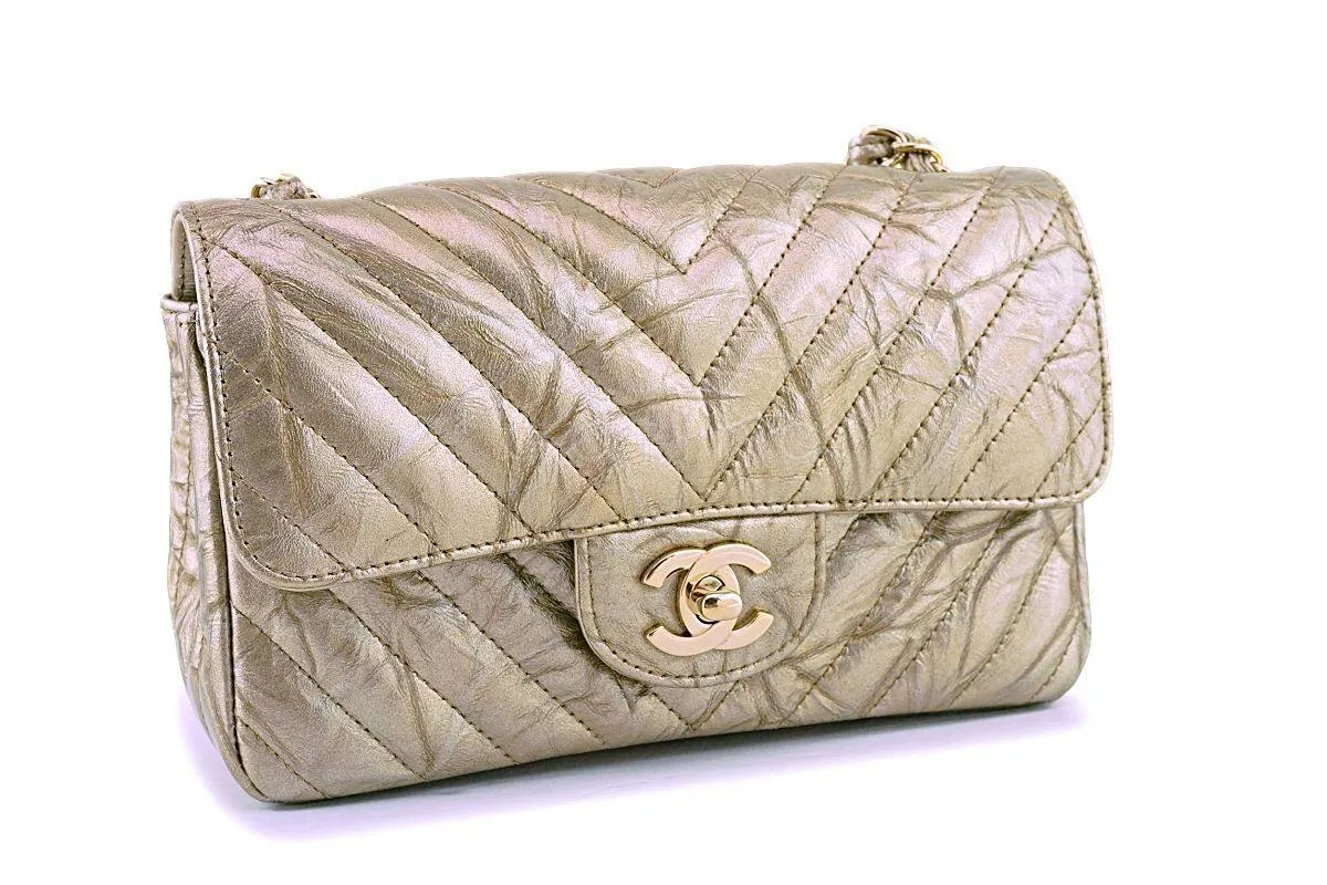 Chanel 18S Gold Crumpled Calf Patent Chevron Rectangular Mini Classic Flap Bag GHW