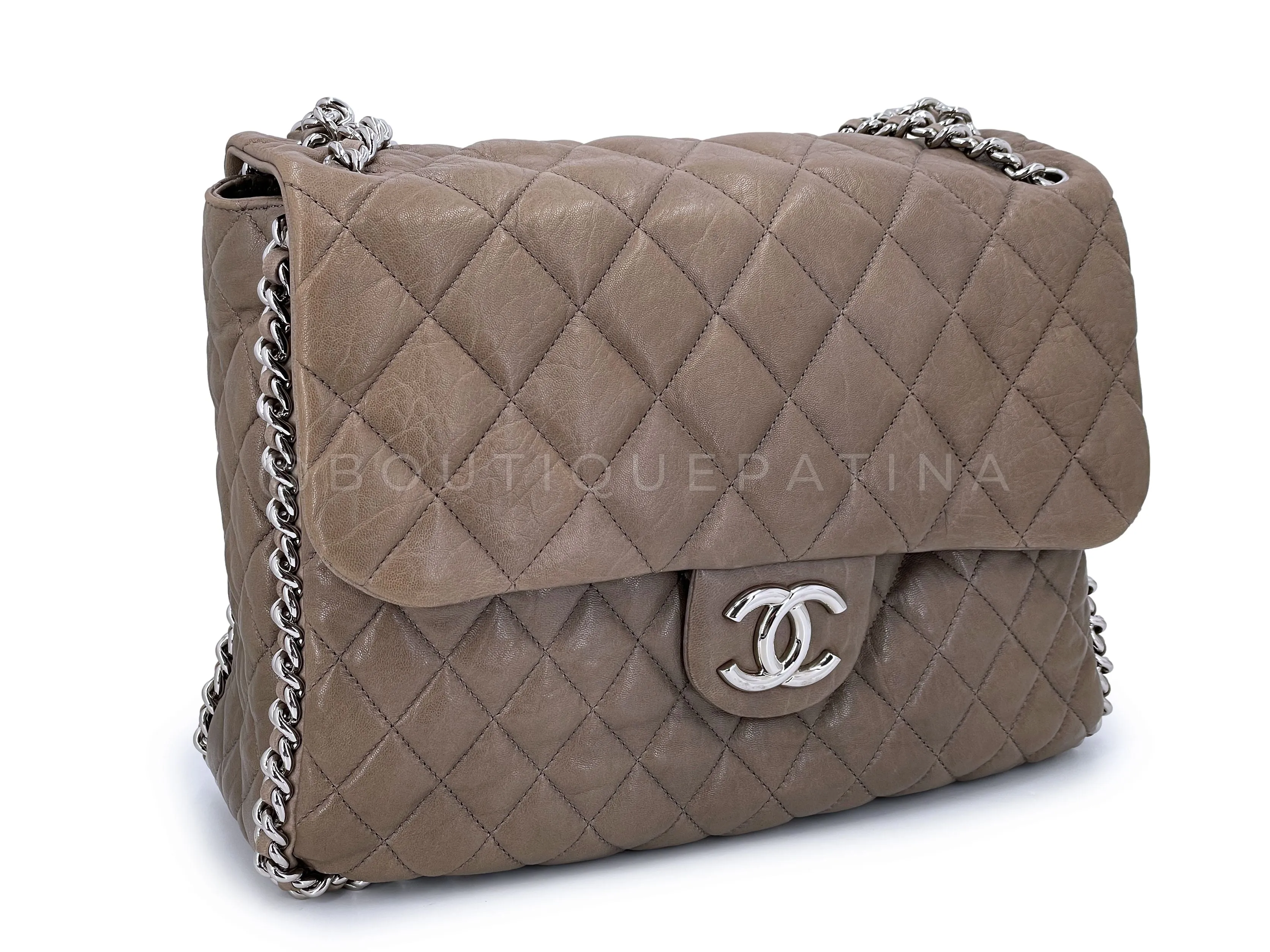 Chanel 2010 Taupe Textured Calf Chain Around Maxi Flap Bag SHW