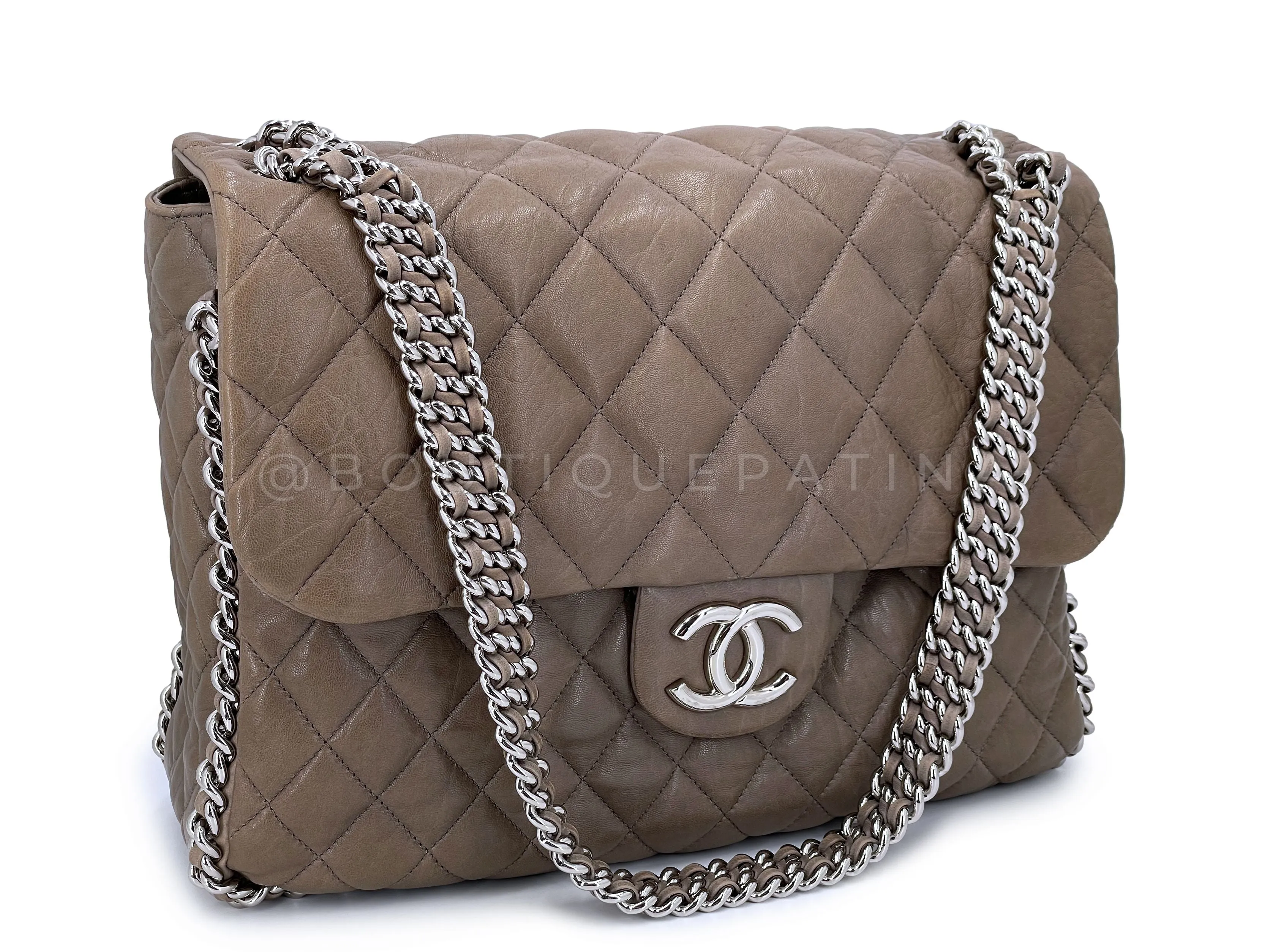 Chanel 2010 Taupe Textured Calf Chain Around Maxi Flap Bag SHW