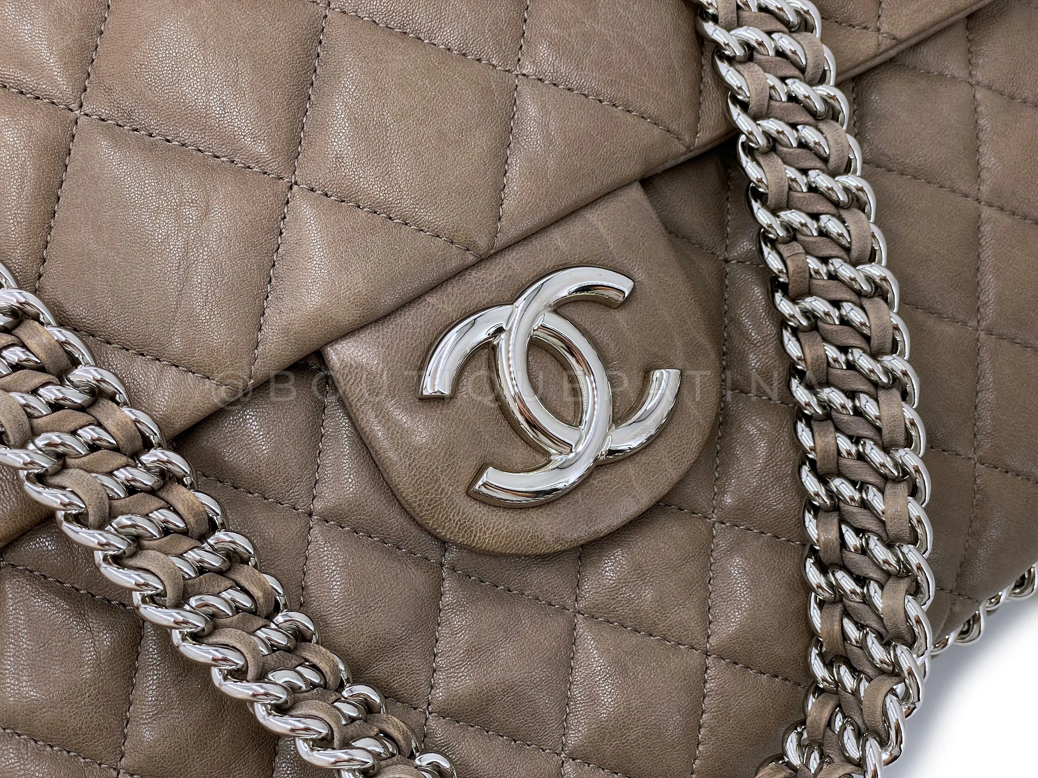 Chanel 2010 Taupe Textured Calf Chain Around Maxi Flap Bag SHW