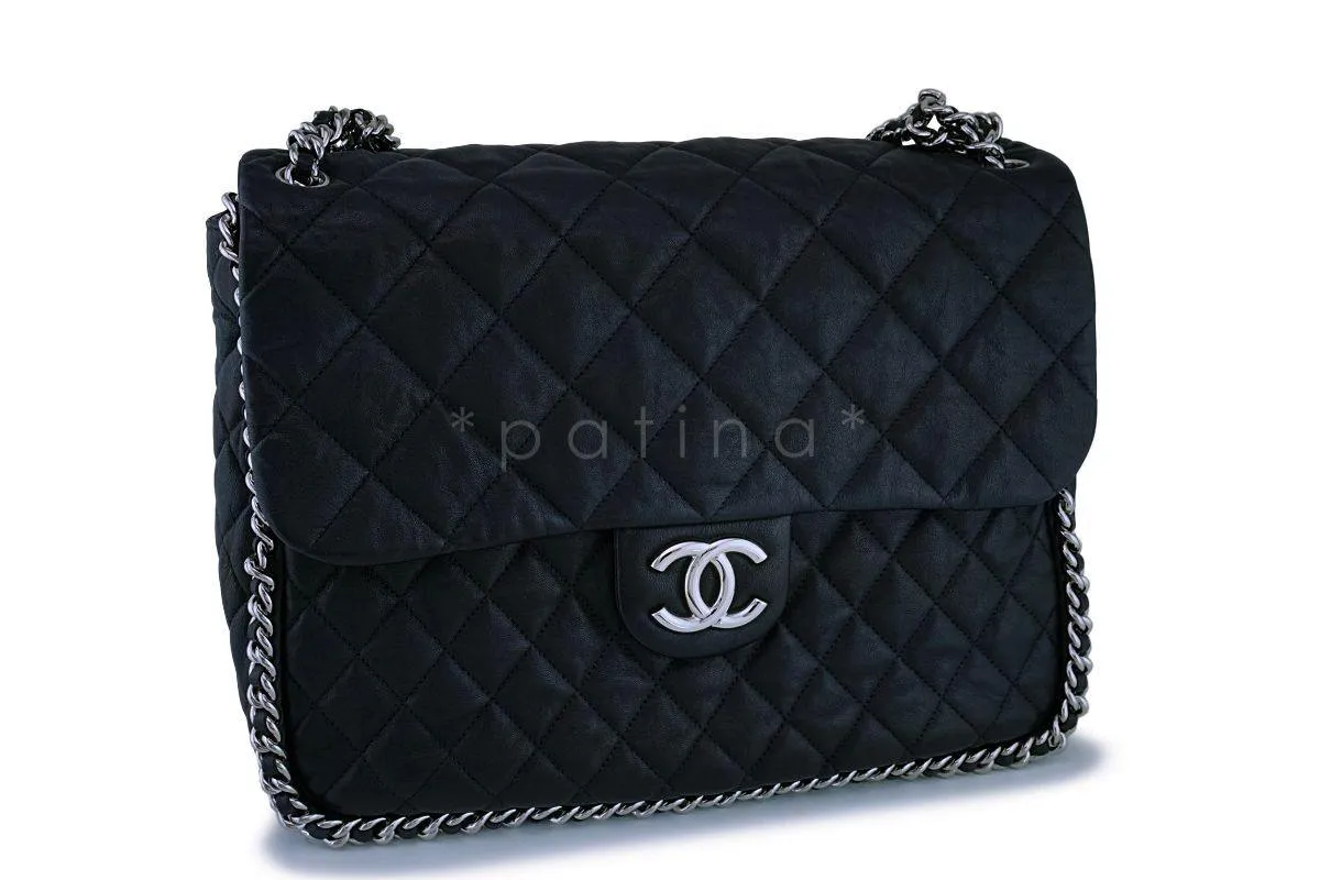 Chanel Black Calfskin Maxi Jumbo XL Luxe Chain Around Flap Bag SHW