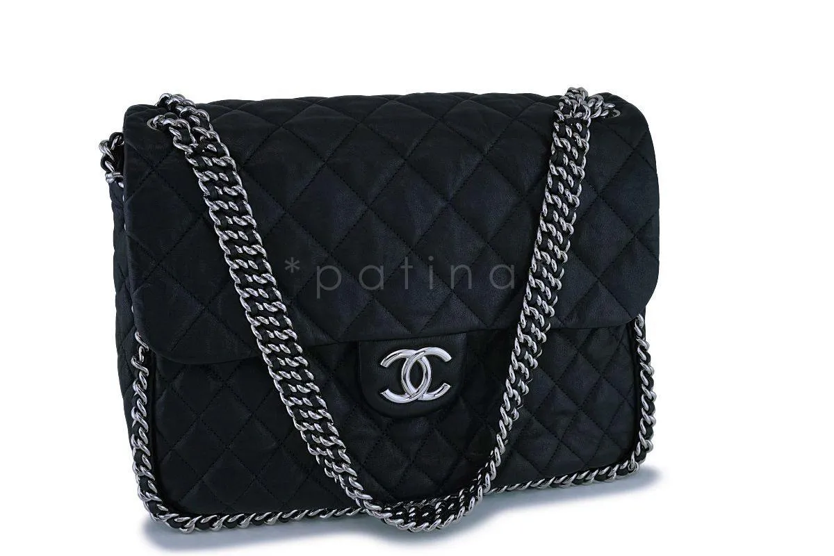 Chanel Black Calfskin Maxi Jumbo XL Luxe Chain Around Flap Bag SHW