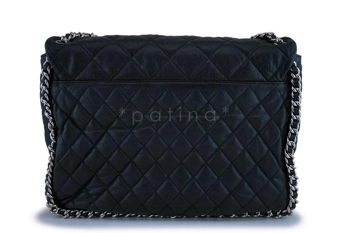 Chanel Black Calfskin Maxi Jumbo XL Luxe Chain Around Flap Bag SHW