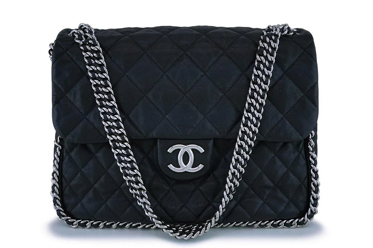 Chanel Black Calfskin Maxi Jumbo XL Luxe Chain Around Flap Bag SHW