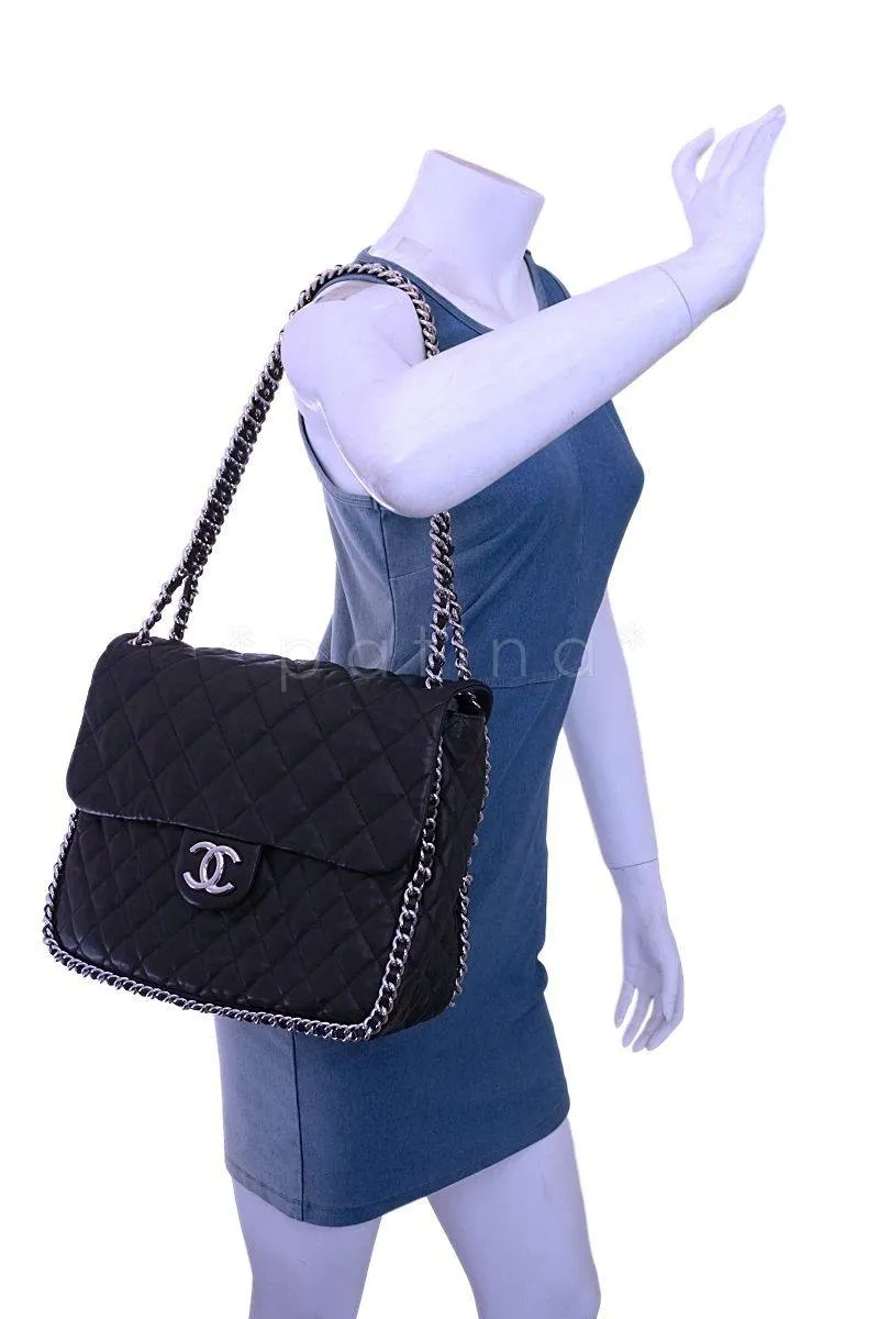 Chanel Black Calfskin Maxi Jumbo XL Luxe Chain Around Flap Bag SHW