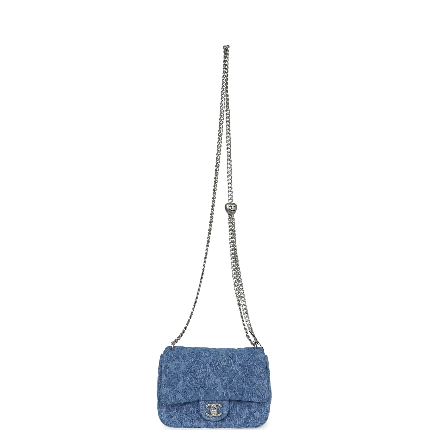 Chanel Mini Camellia Crush Rectangular Flap Blue Denim Antique Silver Hardware