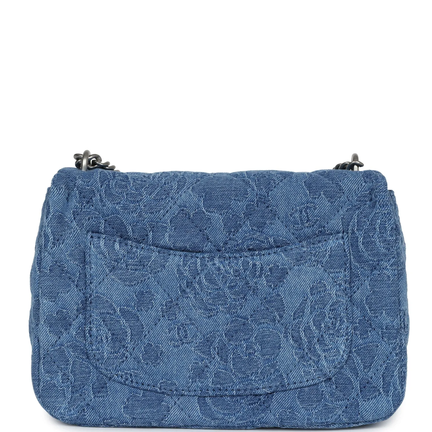 Chanel Mini Camellia Crush Rectangular Flap Blue Denim Antique Silver Hardware