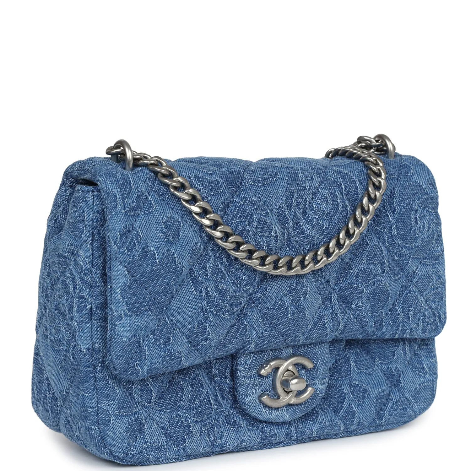 Chanel Mini Camellia Crush Rectangular Flap Blue Denim Antique Silver Hardware