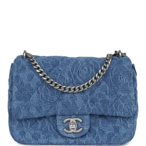 Chanel Mini Camellia Crush Rectangular Flap Blue Denim Antique Silver Hardware