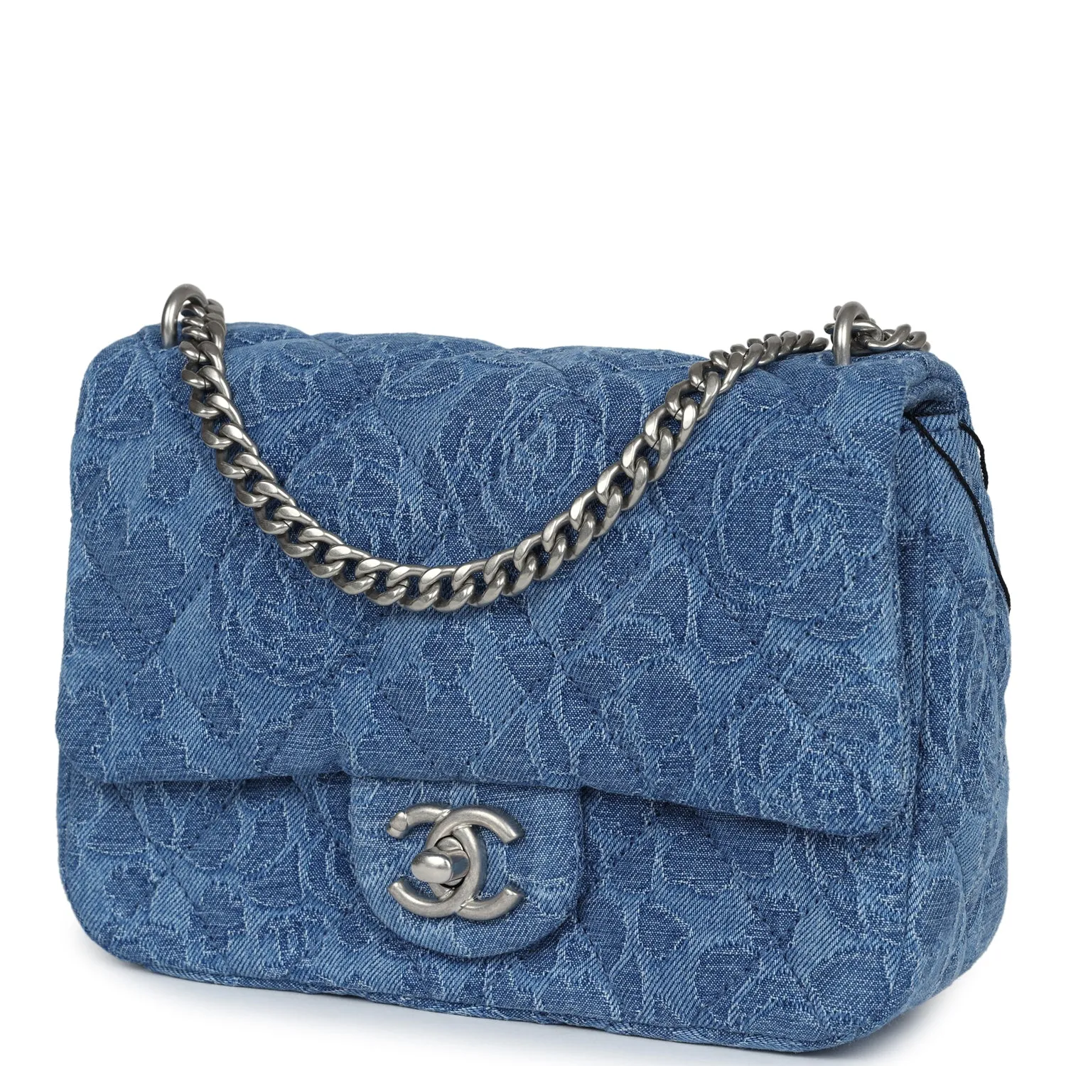 Chanel Mini Camellia Crush Rectangular Flap Blue Denim Antique Silver Hardware