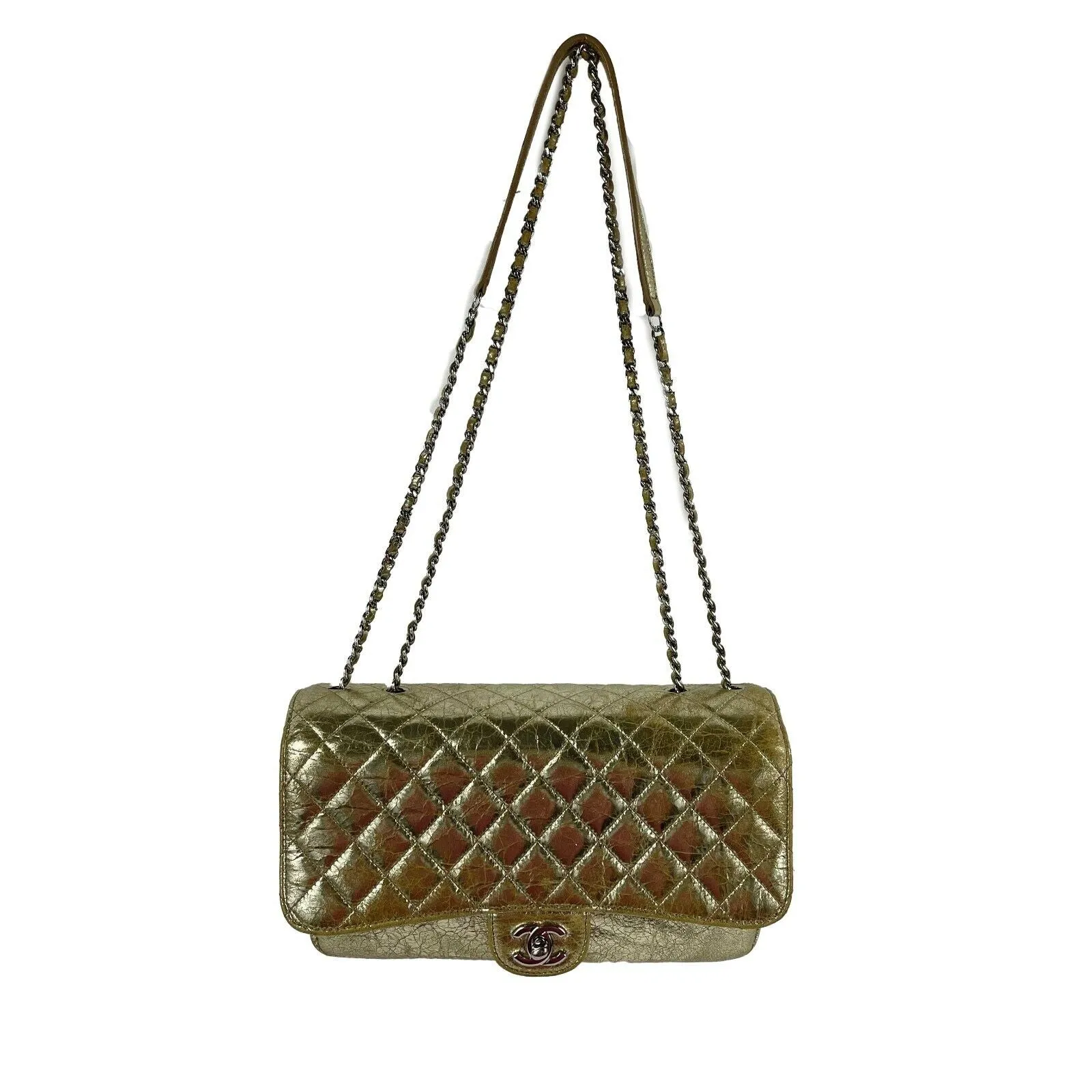 CHANEL Quilted Distressed Glazed Gold Leather Accordion Flap Shoulder Bag Medium