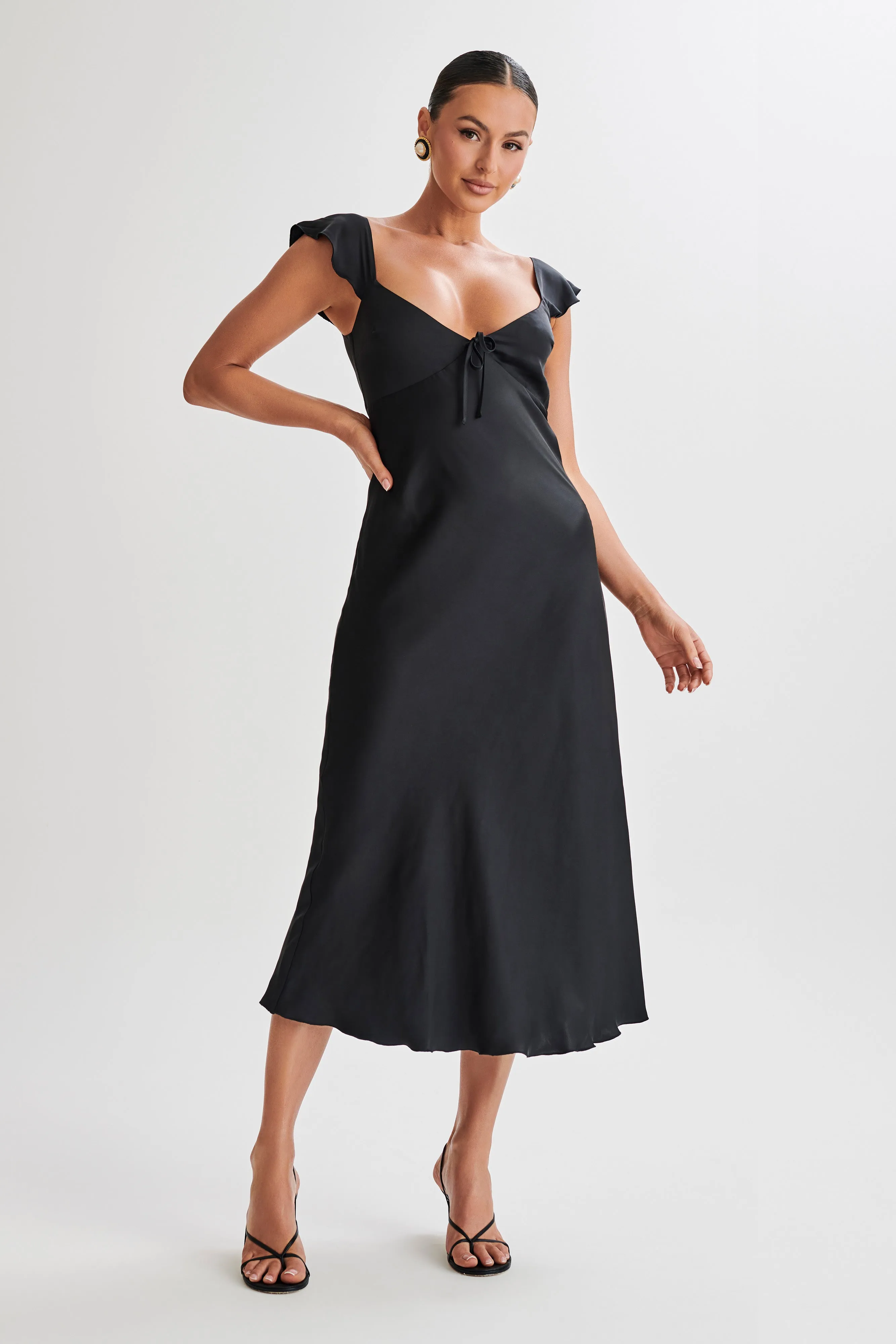 Chantal Short Sleeve Satin Midi Dress - Black