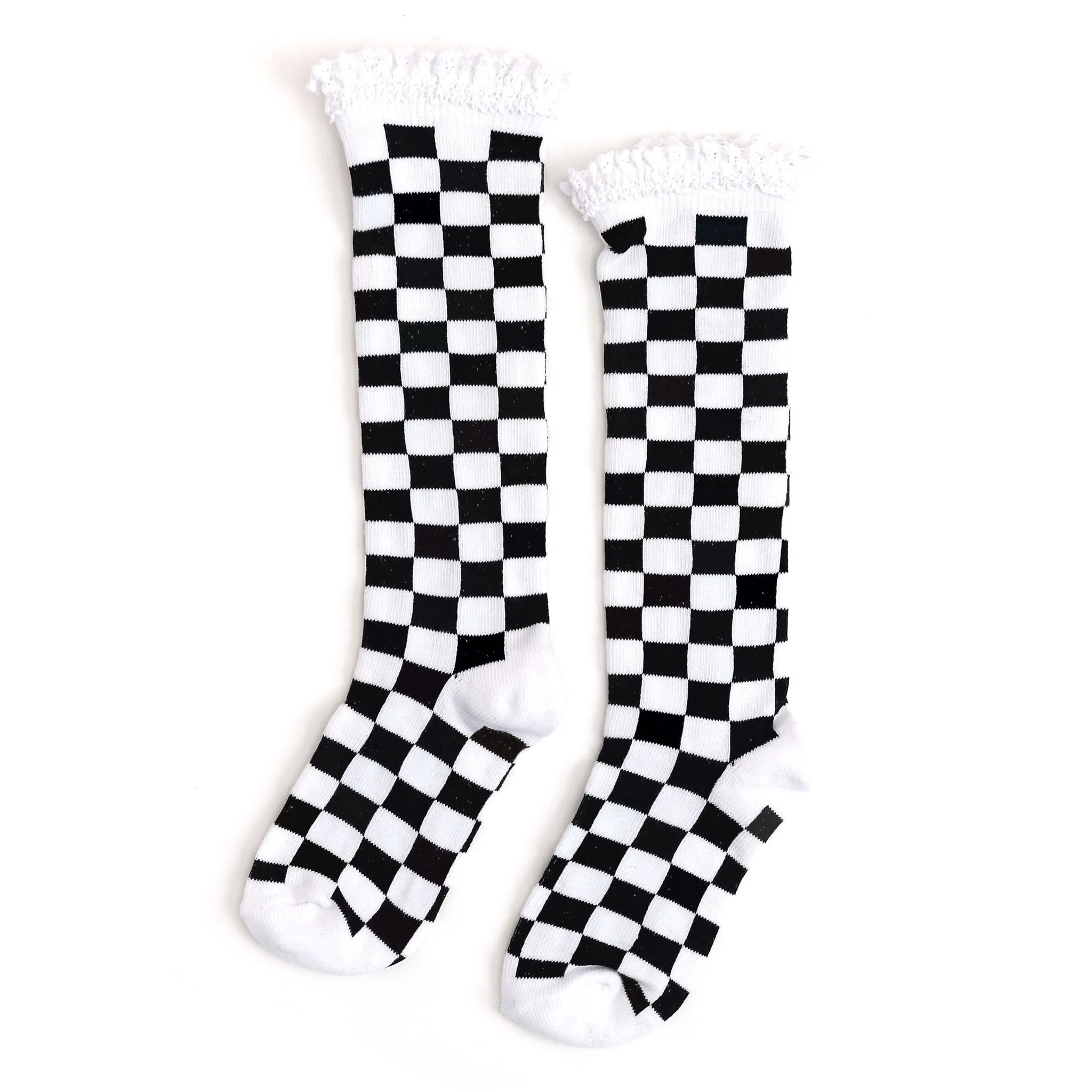 Checkered Lace Top Knee High Socks - White/Black